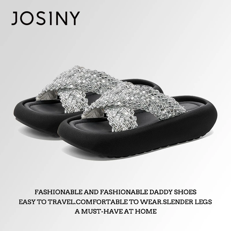 【一秒入夏】卓诗尼露趾交叉水钻一字拖鞋女款25夏新款厚底外穿凉鞋