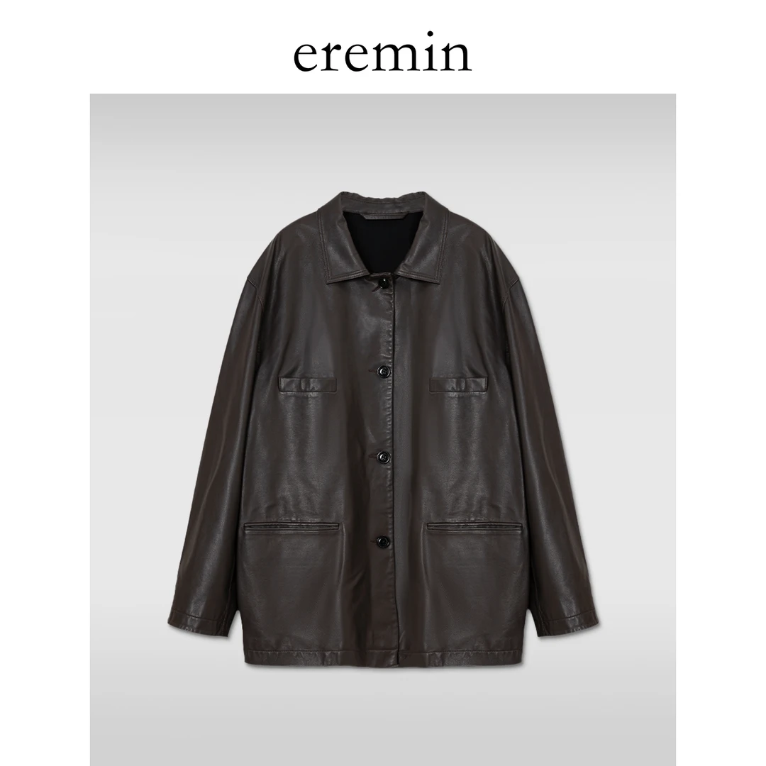 DE Mincollection乌木棕皮衣/轻鞣摔纹头层牛皮翻领廓形皮衣55811