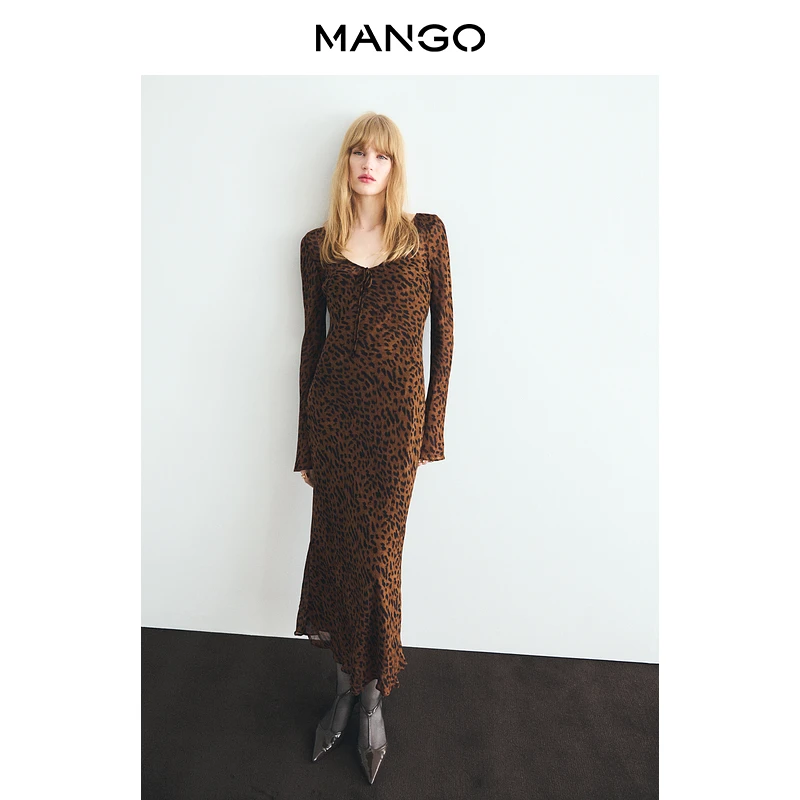 MANGO女装连衣裙2025秋装新款时尚辣妹V领修身长袖豹纹连衣裙