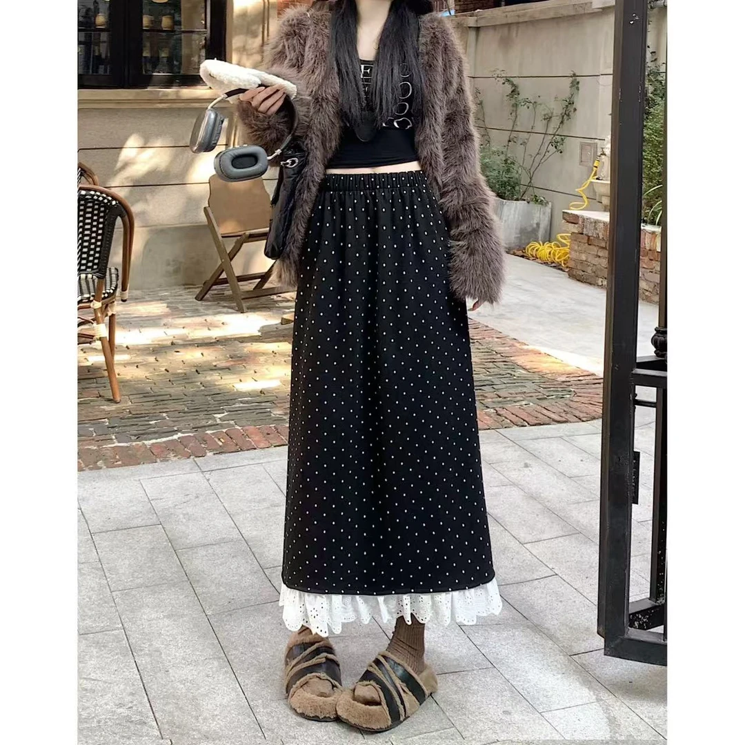 「韵味伊人」小个子定制 温柔蕾丝花边拼接波点半身裙#YWYR849