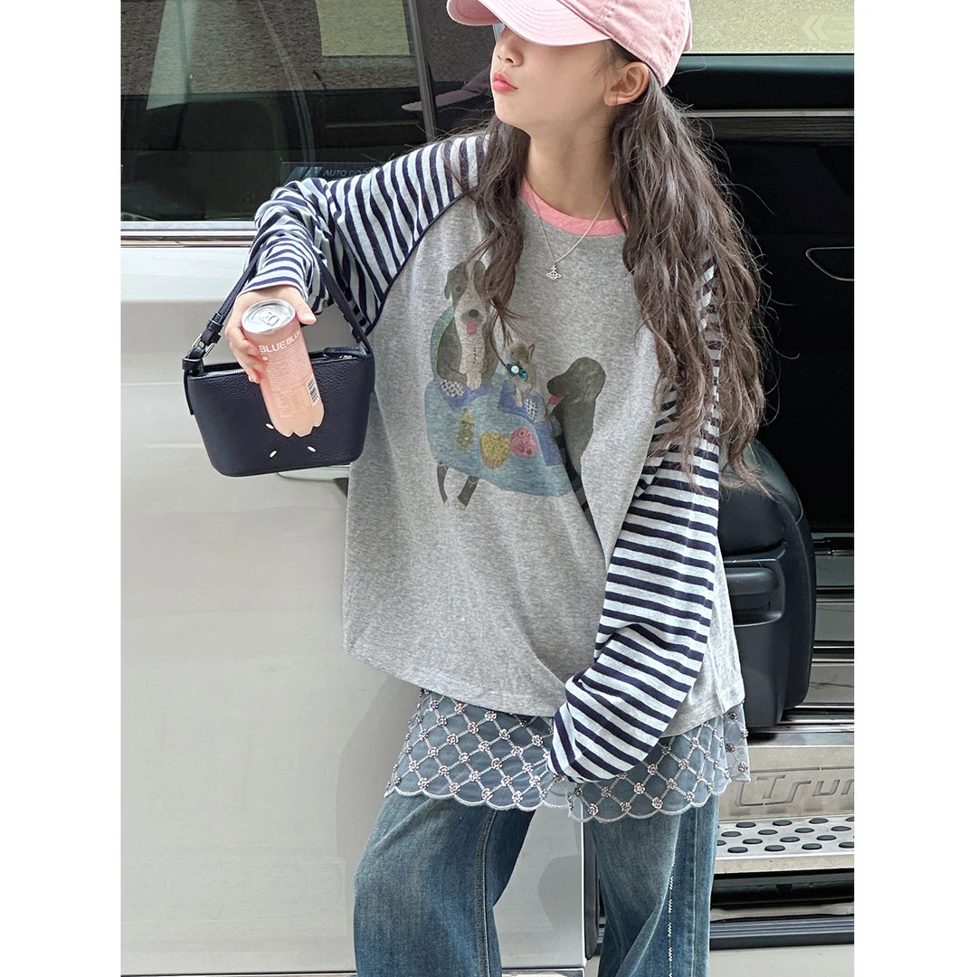 K29891孙小美拼接袖女童长袖T恤秋装2025新款儿童上衣春秋打底衫