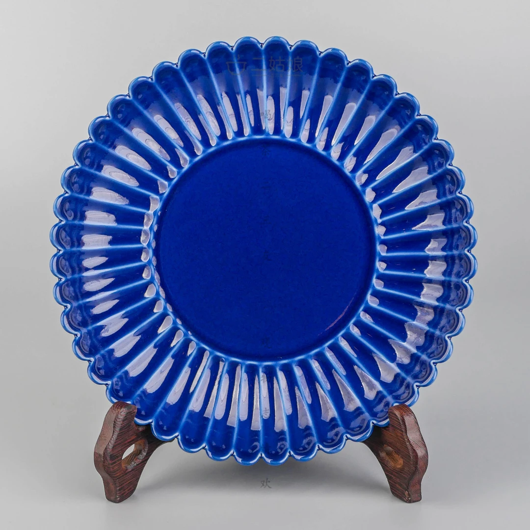 倚云煮泉霁蓝釉菊瓣盘【景德镇全手工】
