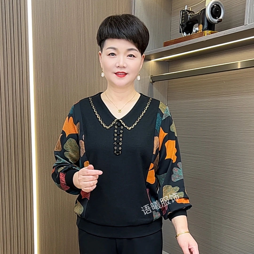 时尚娃娃领长袖中老年女装妈妈装印花洋气秋装F9812