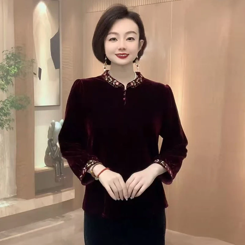 H秋季新款高端阔太太丝绒长袖上衣中老年妈妈装时尚洋气打底小衫