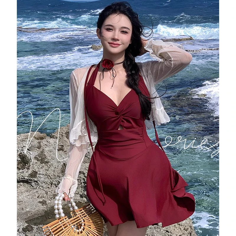 泳衣女挂脖连体裙式露背性感大小胸聚拢大码胖mm显瘦遮肉蜜月温泉