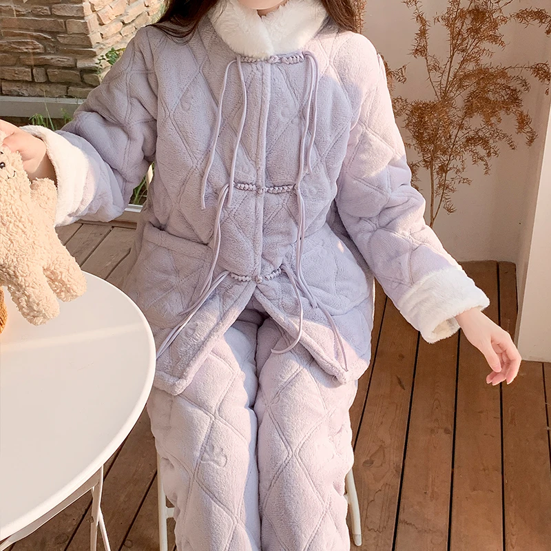 三层夹棉袄珊瑚绒睡衣女套装冬季新中式国风加绒加厚可外穿家居服