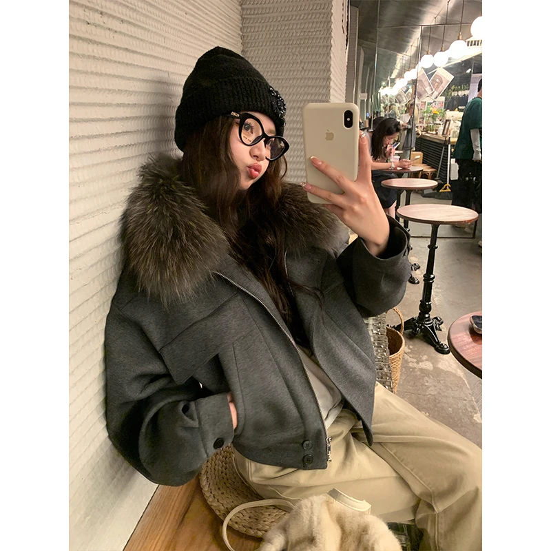 美式复古可拆卸大毛领拉链短外套女潮秋冬季新款廓形翻领夹克上衣