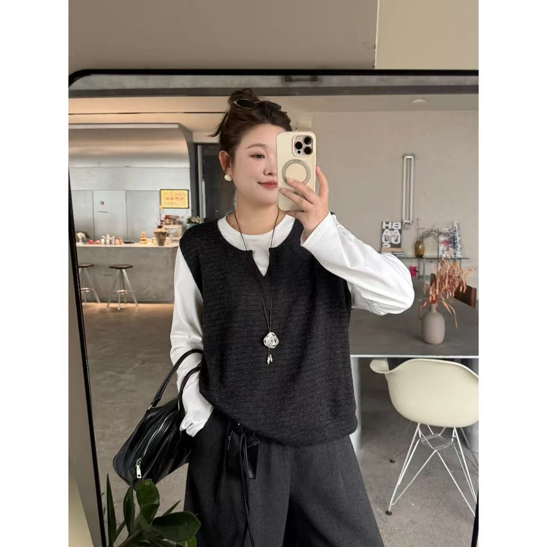 晶咕佳佳【加州游记】小V扣条纹马甲假两件长袖T恤宽松时尚秋季