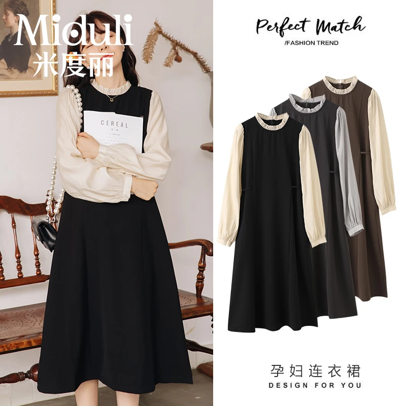MIDULI春秋新款孕妇装拼接假两件时尚撞色复古气质连衣裙70126