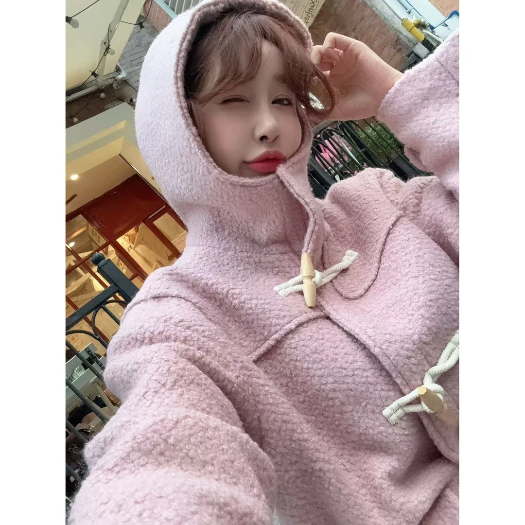 【YFONI】塞尔岛真羊毛粉色牛角扣大衣