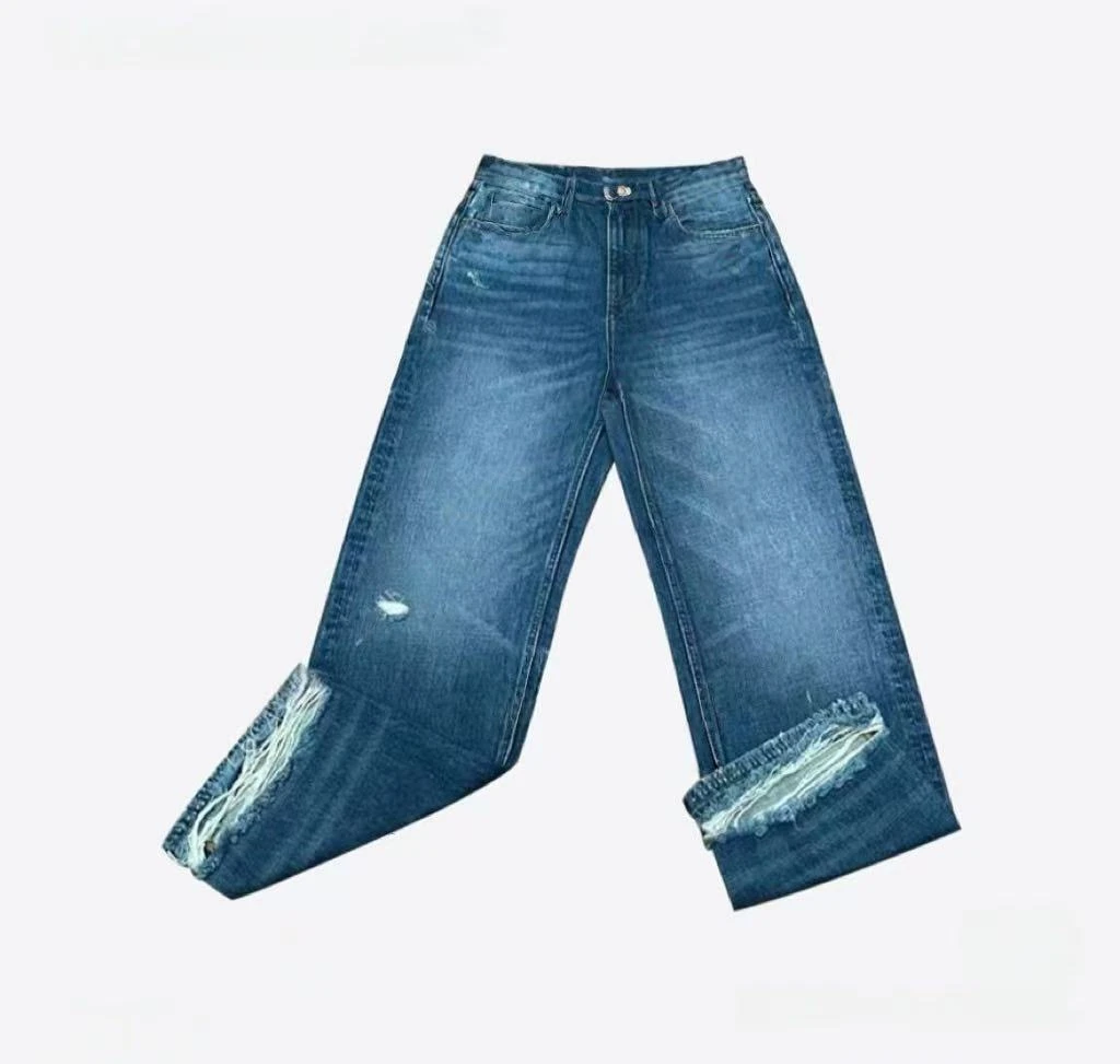 【LLE】复古磨白后脚跟破洞拉毛牛仔裤20257