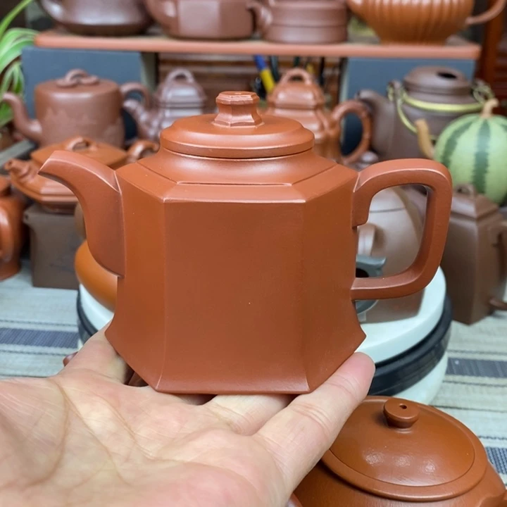 紫砂茶壶六方宫灯220cc原矿朱泥特价