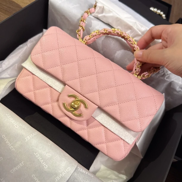 未使用 Chanel/香奈儿  25b皮穿链鱼子酱手柄大迷你19.5cm粉色