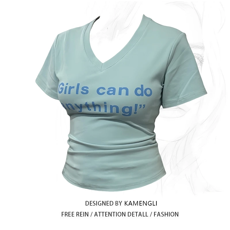 大码微胖mm设计感字母印花短袖正肩T恤女装夏季修身显瘦百搭上衣9