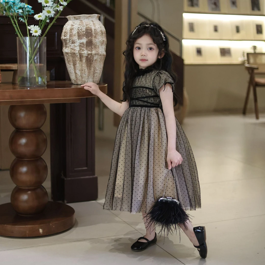 ZML 2025夏季女童连衣裙公主风黑色波点连衣裙礼服