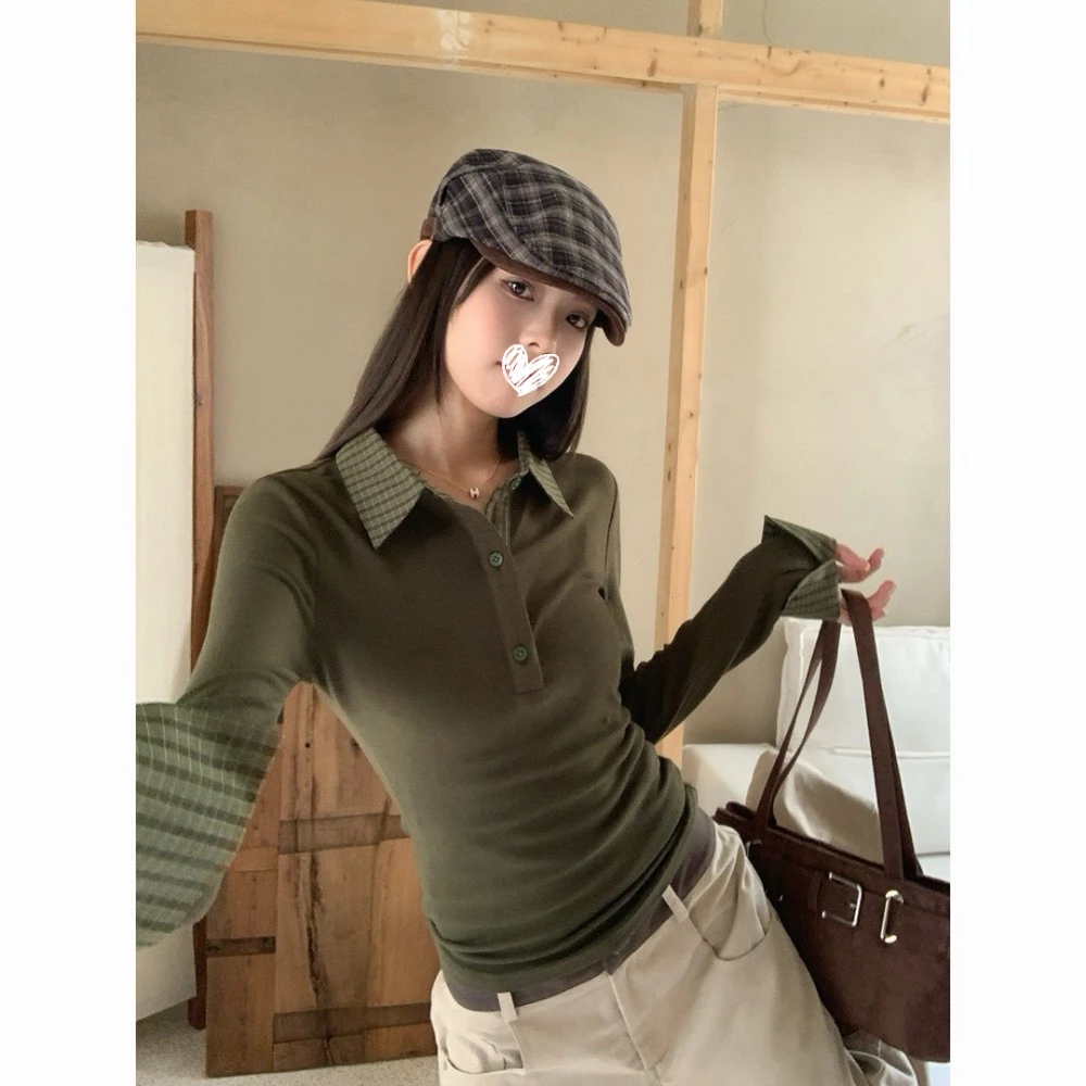 复古橄榄绿同色系拼格子设计polo领T恤D831