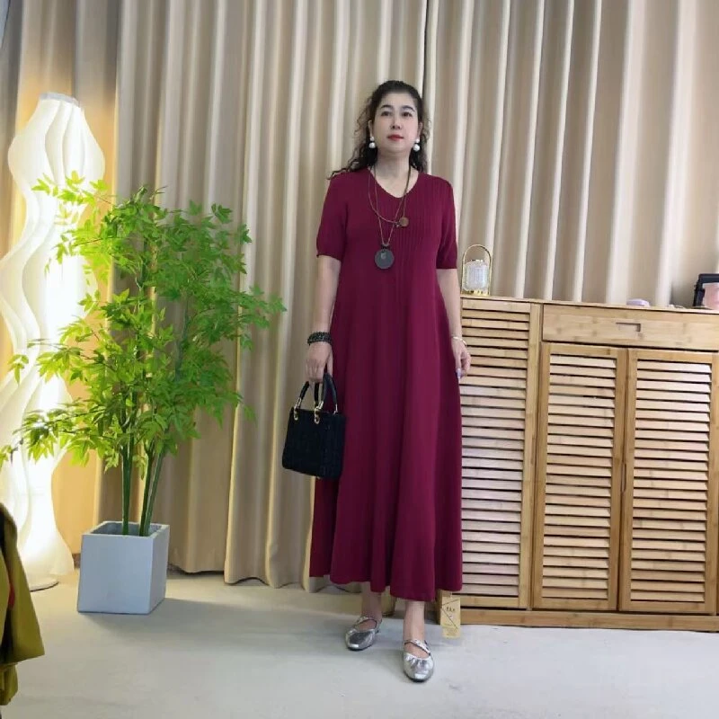 029新款夏风V领裙宽松百搭长款大摆时尚显瘦女士大码连衣裙针织