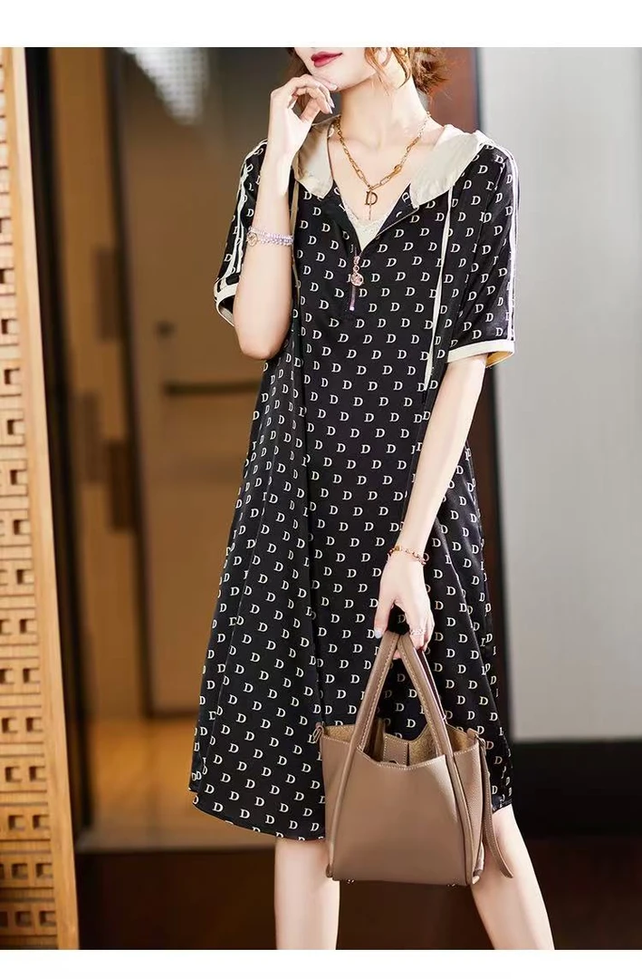 G印花连帽短袖中长款连衣裙3651