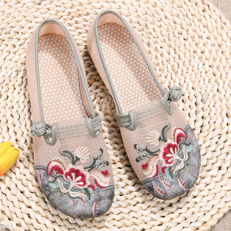 民族风绣花鞋女网鞋夏季女士一脚蹬复古时尚汉服鞋网面老北京布鞋