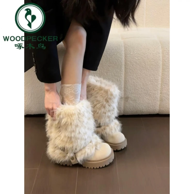 啄木鸟可拆卸两穿厚底雪地靴女冬季加绒保暖防滑毛毛棉鞋百搭短靴