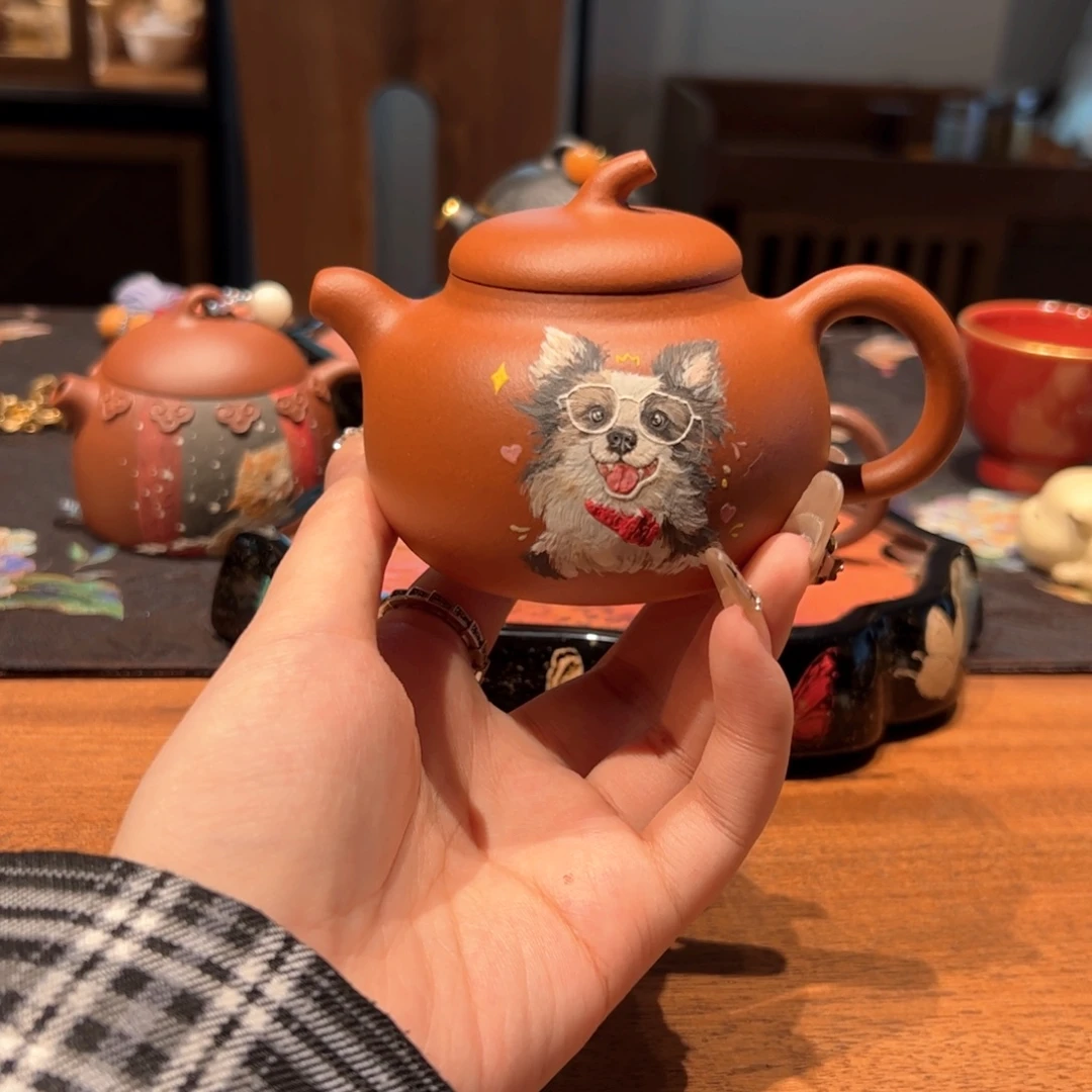 茶壶紫砂老红泥茄瓜 170ml 蝴蝶犬