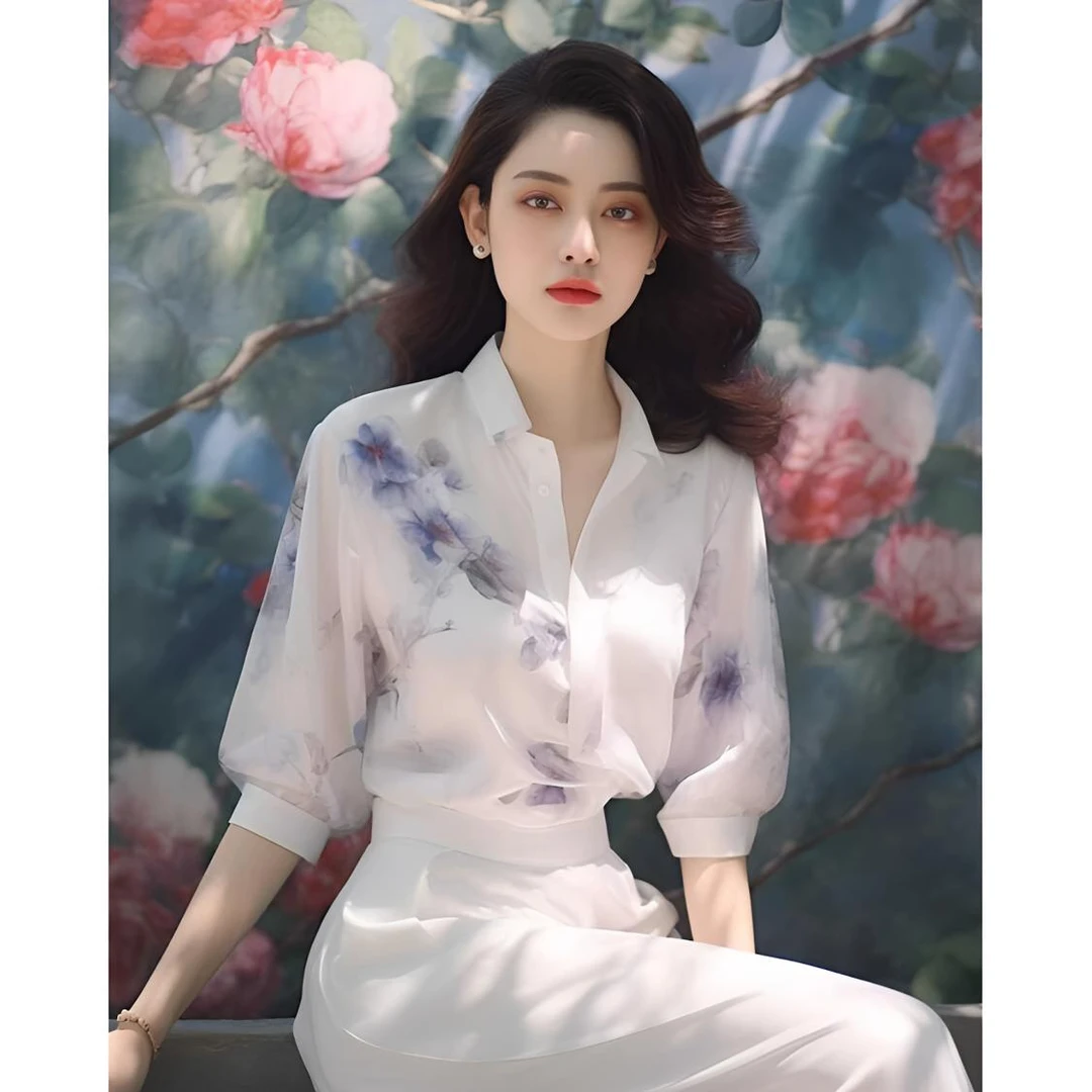 新中式女装中国风蓝色印花短袖衬衫2024新款雪纺衫气质女神范上衣