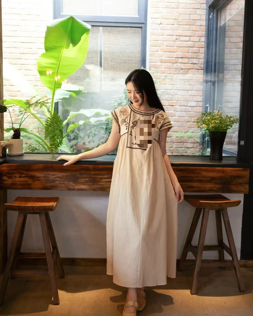 【可露丽】绣花套头裙中裙高腰夏季连衣裙复古文艺森系欧美风