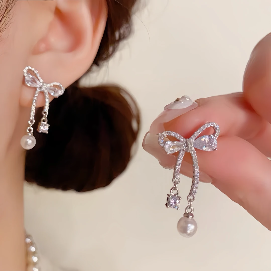 铜合金锆石耳饰 甜美气质蝴蝶结简约小众百搭法式精致轻奢时尚