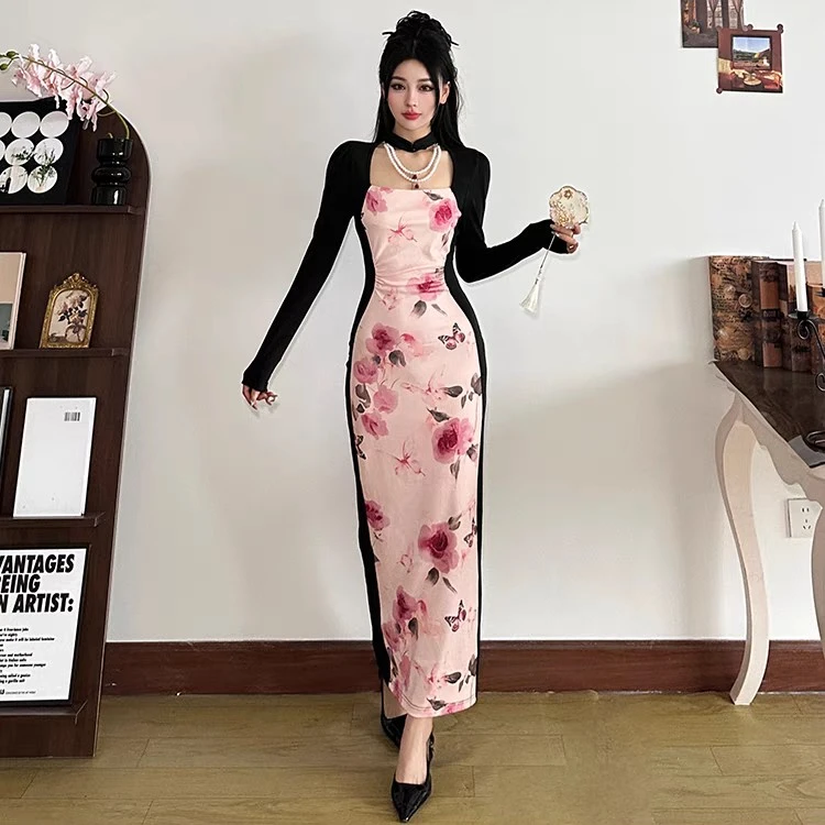 Malou 改良版新中式旗袍佳人温柔连衣裙女 显腰细长裙K24D61052