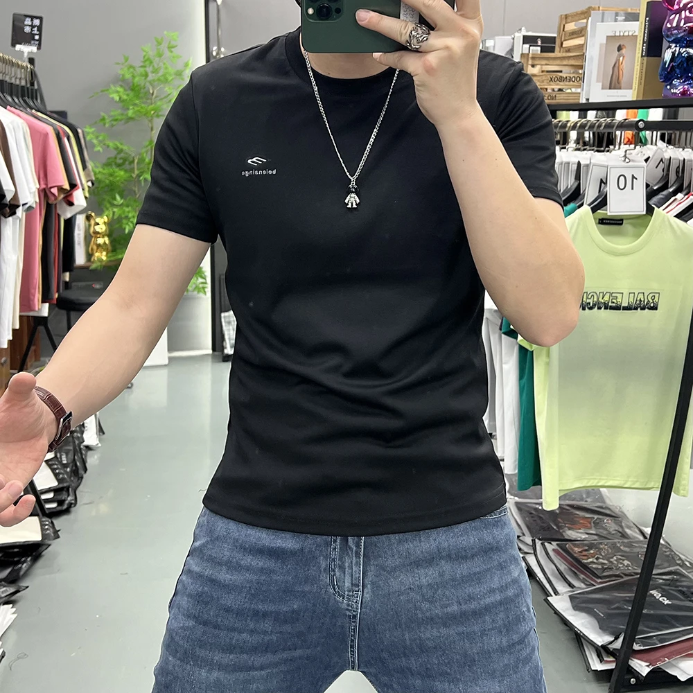 商务休闲青年圆领短袖常规款T恤男士春夏男装简约字母韩版上衣