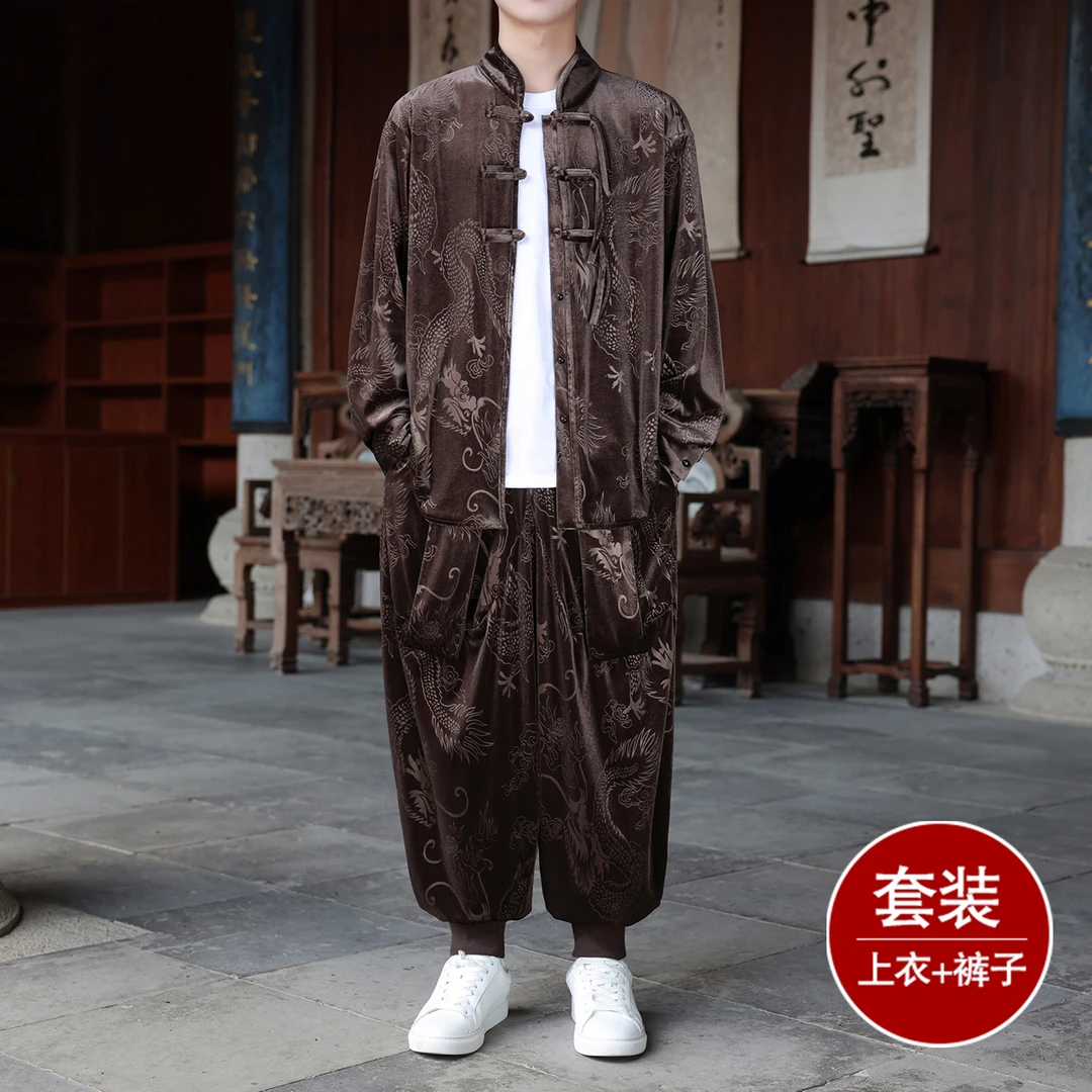 秋季中国风金丝绒居士茶服套装男士潮牌唐装汉服宽松设计感哈伦裤