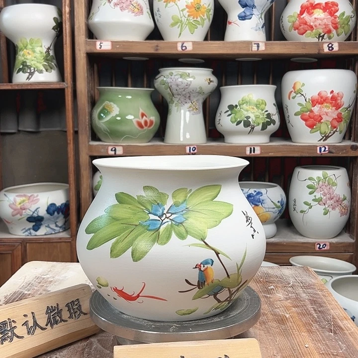 摆件钱袋子荷花鸟新款陶瓷大