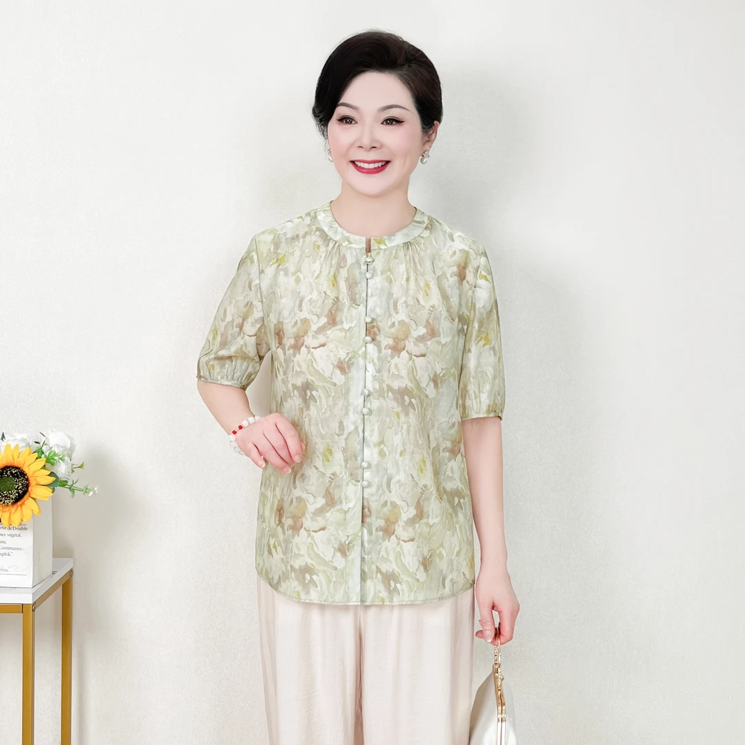 中年妈妈装夏季2025新款洋气短袖中老年时尚洋气印花大码衬衣套装