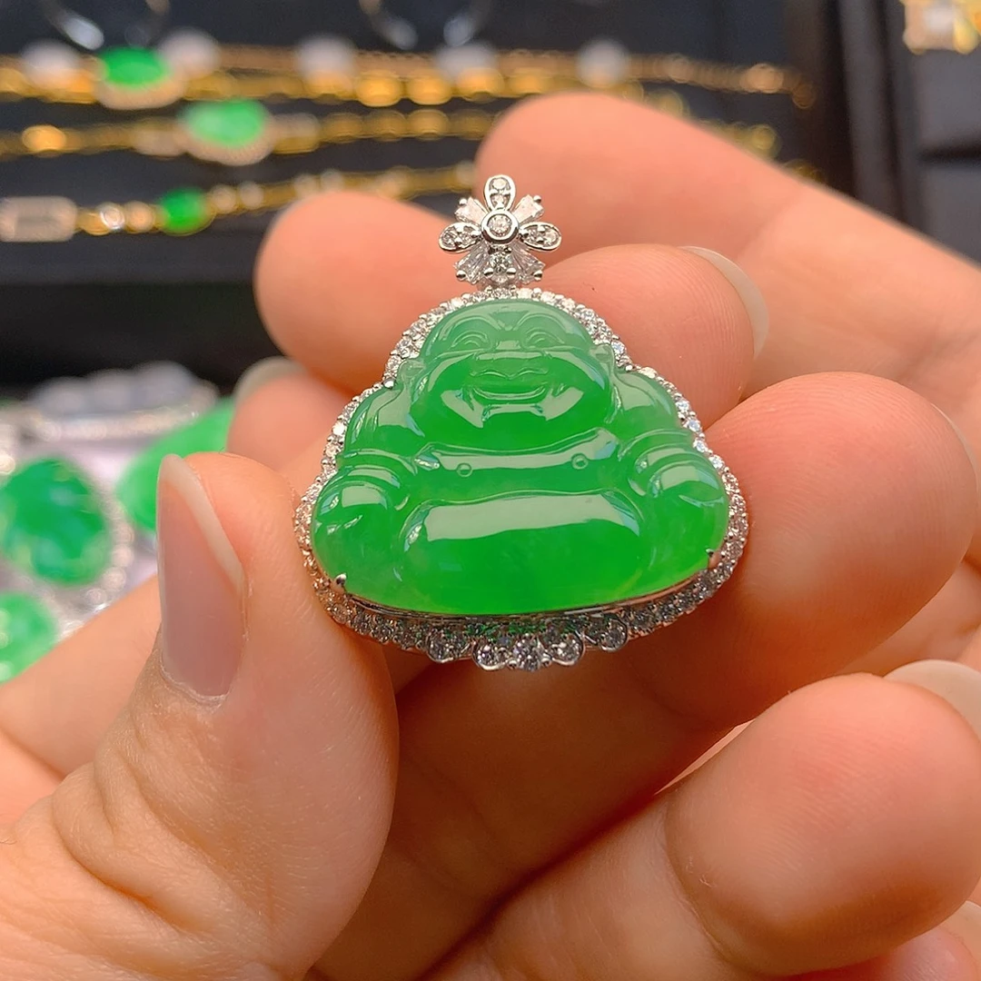 颈饰18K金镶嵌翡翠翡翠佛公吊坠