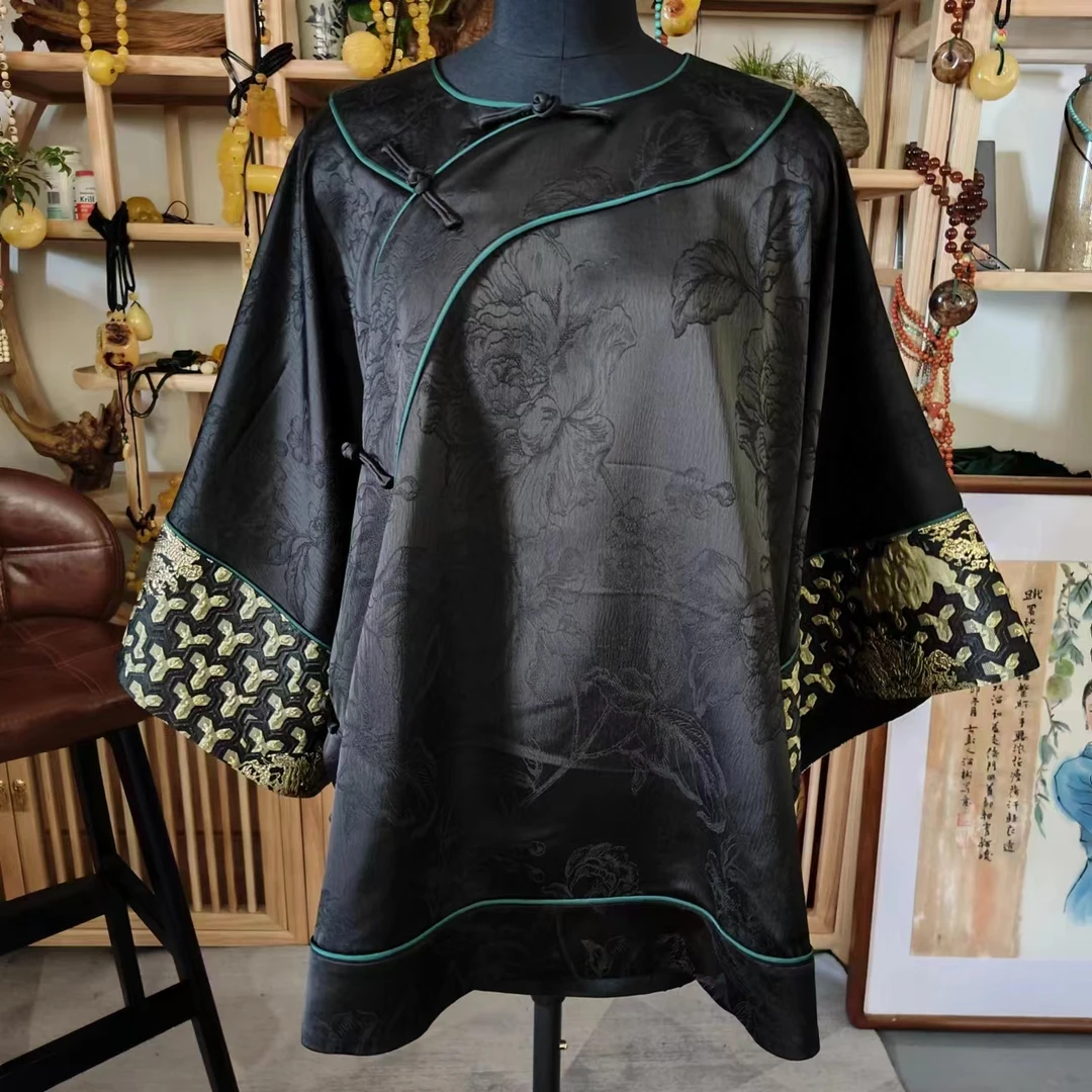 凤徕兮私人定制黑色斜襟金色花纹翻边袖太太服上衣（NS179）