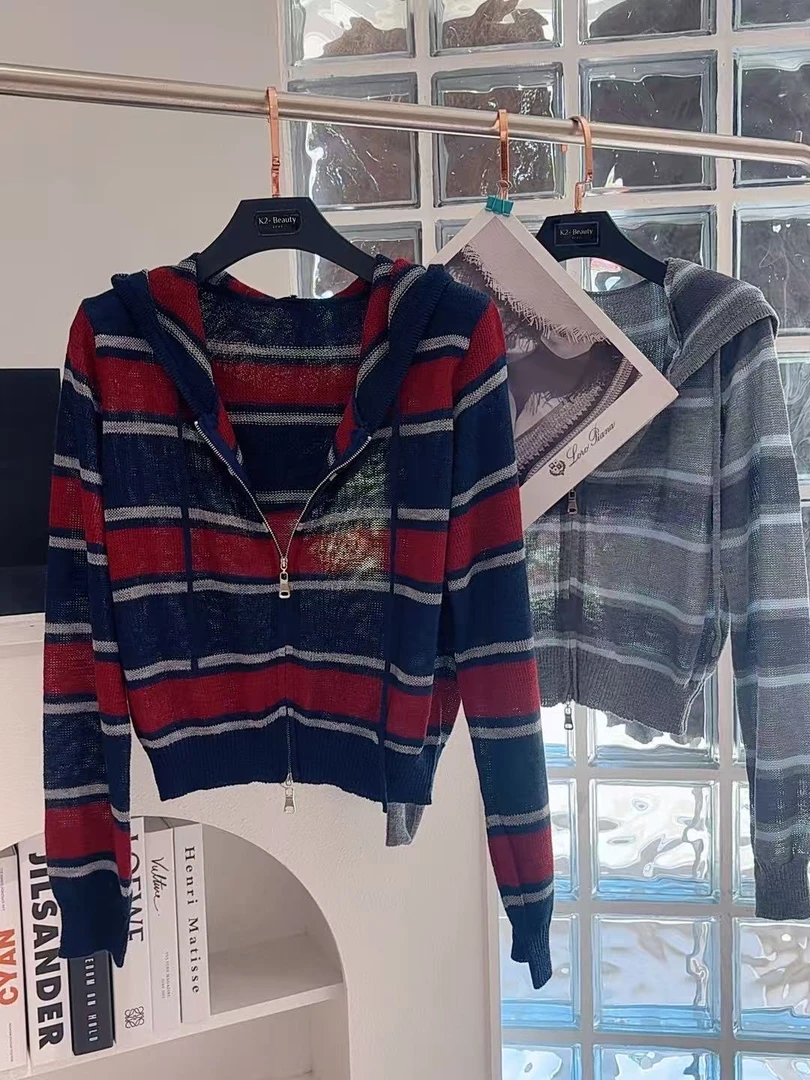 唐琪女装【小枝寻-J2190】条纹拉链开衫针织衫