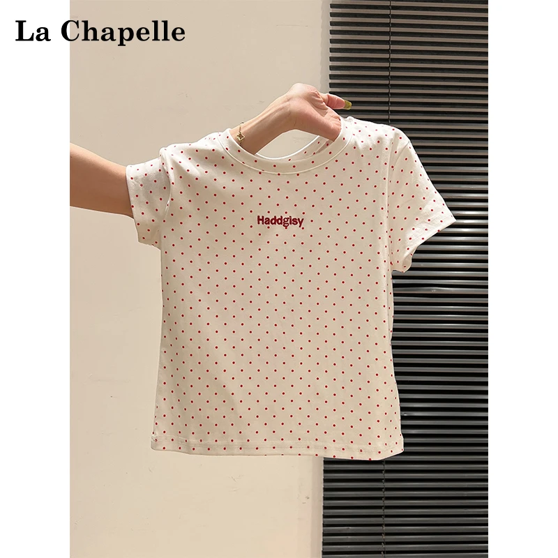 拉夏贝尔红色波点设计感小众短袖T恤女2025夏季新款修身刺绣上衣
