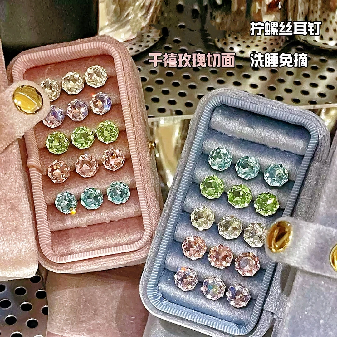 钛钢耳饰 东洲8mm玫瑰切闪钻精致耳钉千金款耳骨耳钉爆闪2支装