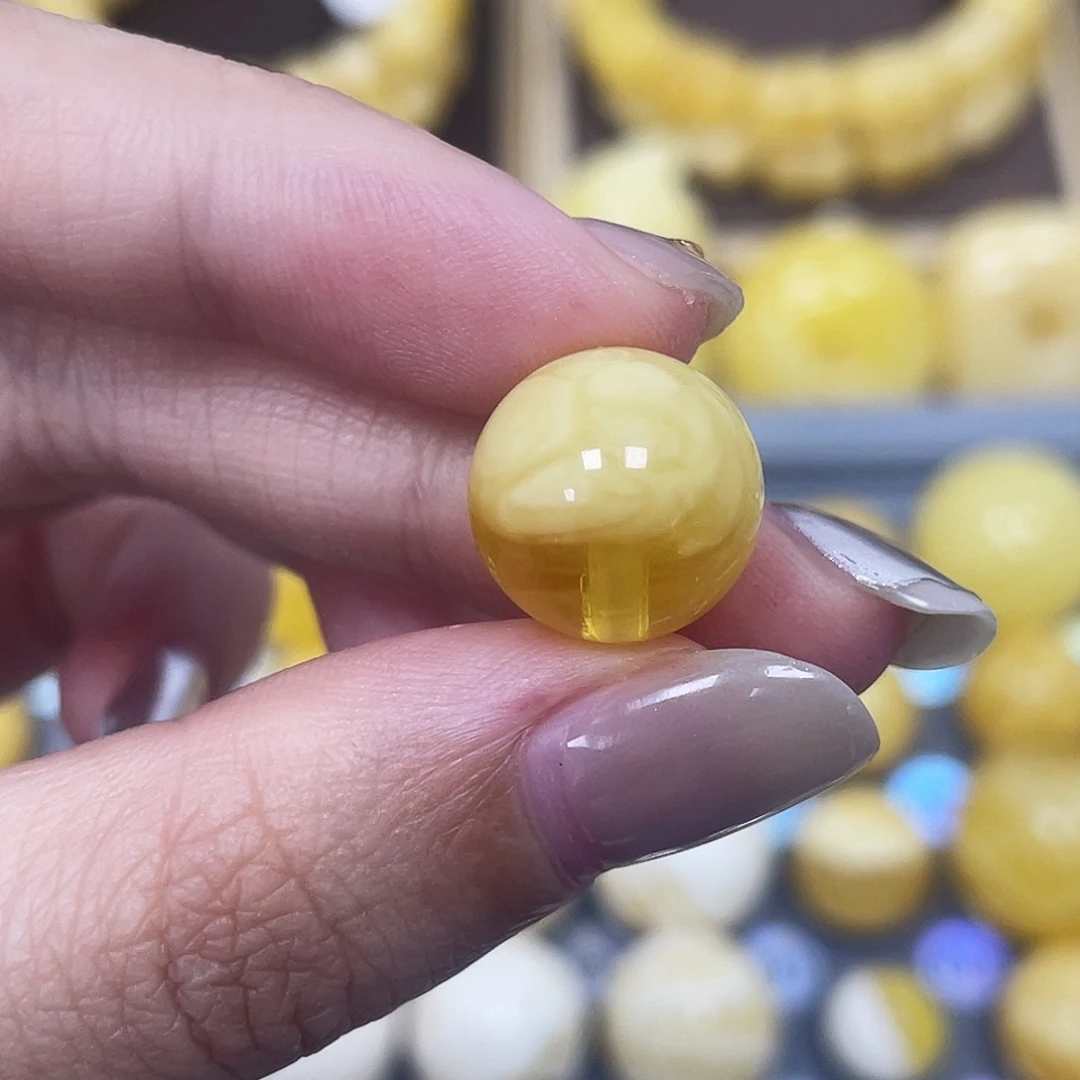 琥珀未镶嵌裸石12.9mm半山半水圆珠