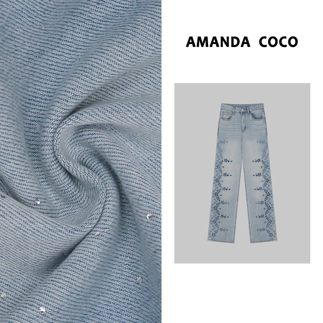 KEY# 风尚蓝调～夏季重工烫钻镂空花朵刺绣直筒牛仔阔腿裤