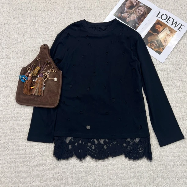 BUZH早秋新款“度假风”蕾丝里衬拼接破洞工艺镂空假两件长袖T恤