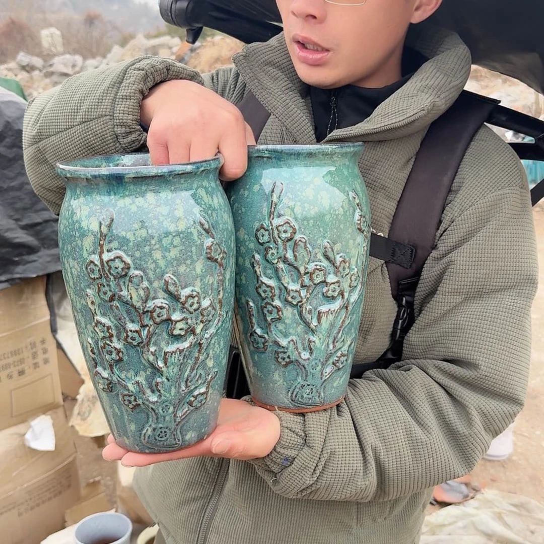 紫砂花盆口14.5高26（两个绿色喜上眉梢