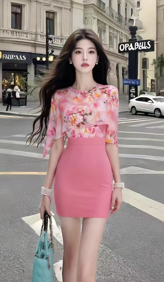 轻奢时尚高端大气碎花圆领修身收腰上衣+粉色包臀半身裙女两件套