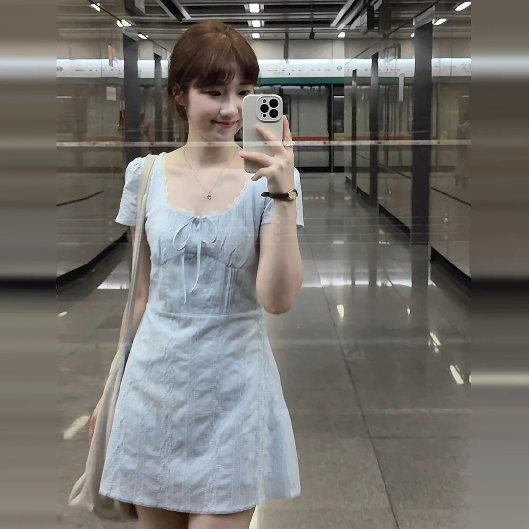 蓝色连衣裙2025新款早秋穿搭大方得体绝美短裙6226