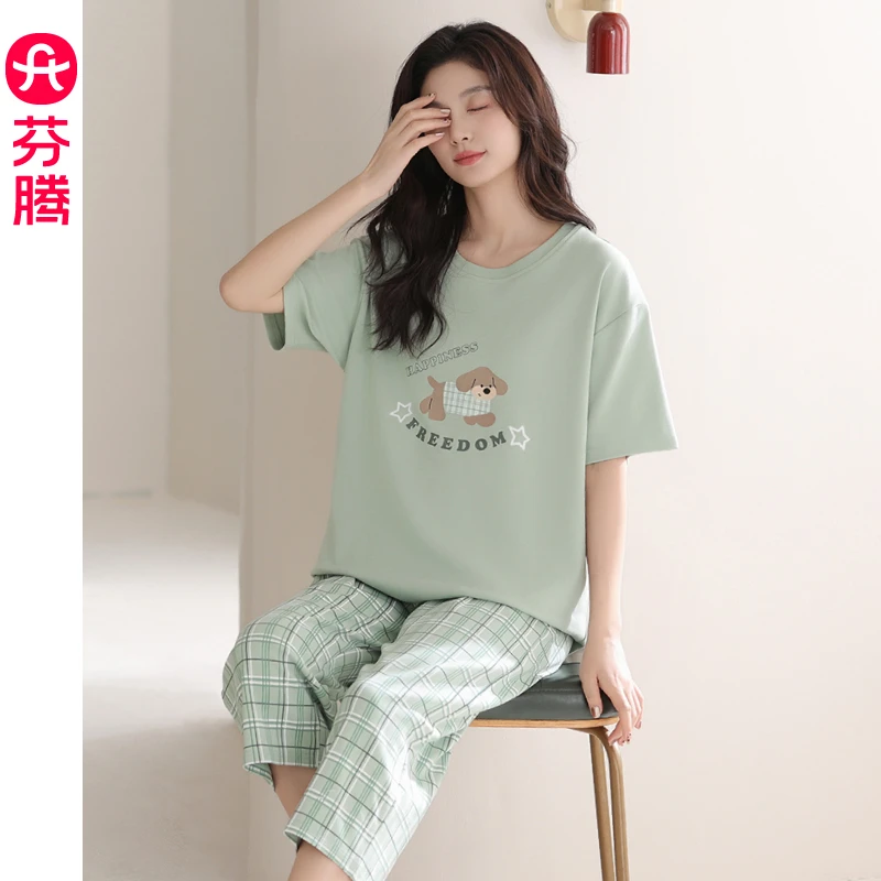 芬腾睡衣女款2025新款纯棉短袖七分裤套装薄款可爱少女宽松家居服