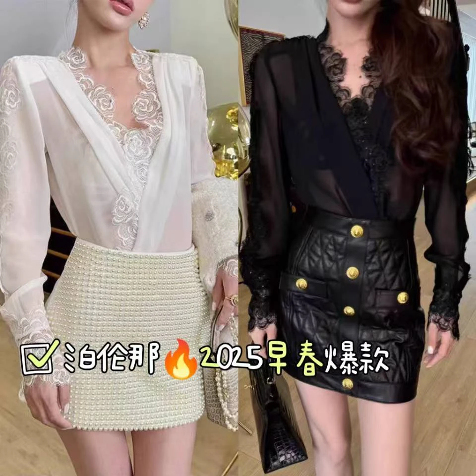 长袖蕾丝纯色常规衬衫复古连衣裙网红气质打底时尚轻奢