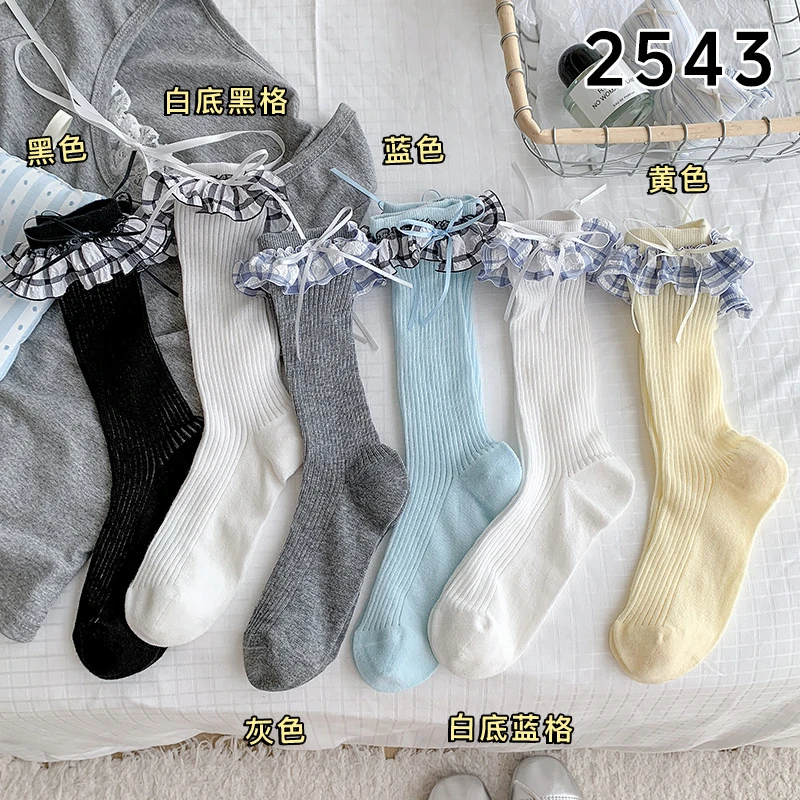 靴尚棉蓝色格子花边无骨袜女春夏季新品薄款洛丽塔ins蝴蝶结棉袜