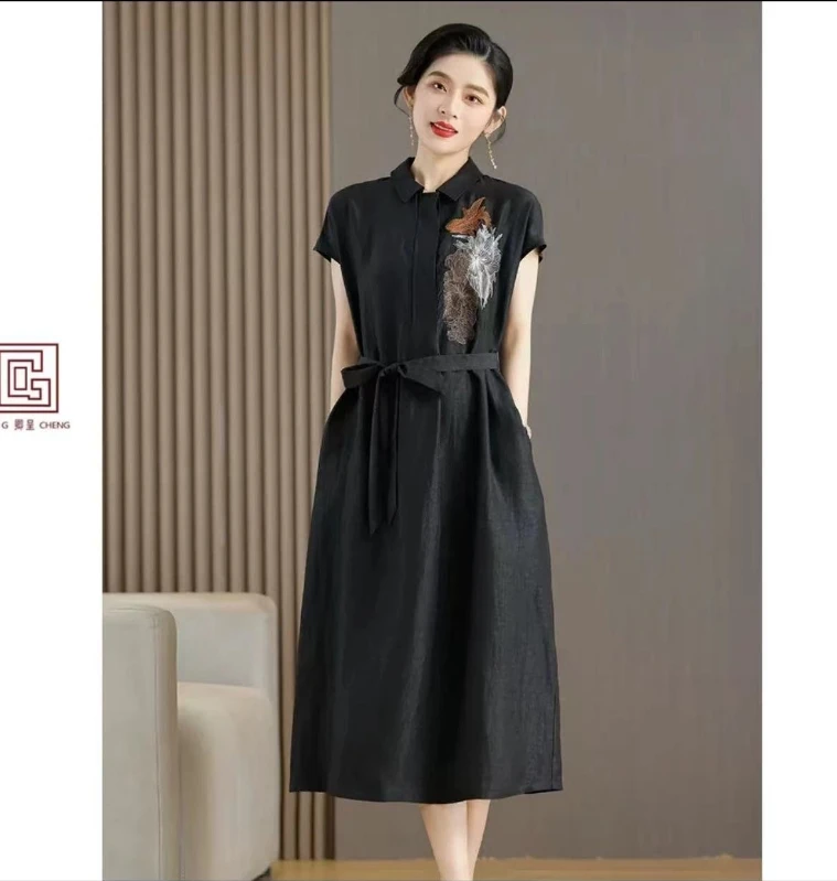 【Azu专属】香云纱刺绣龟裂纹连衣裙衬衫领短袖黑色阔太太裙子QZ427