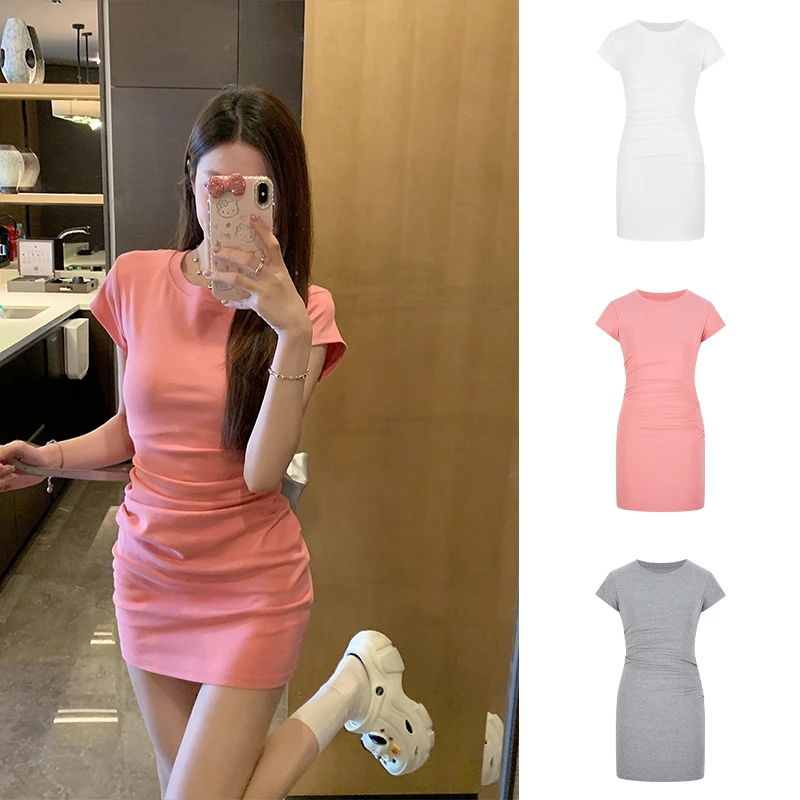 小飞袖皱褶包臀裙连衣裙女夏季纯色修身显瘦短裙子