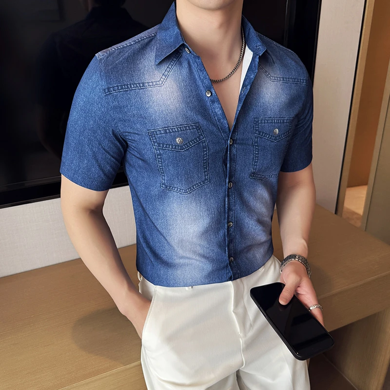 水洗牛仔衬衫短袖男款爆款2025新款夏季薄款时尚免熨潮流衬衣男款